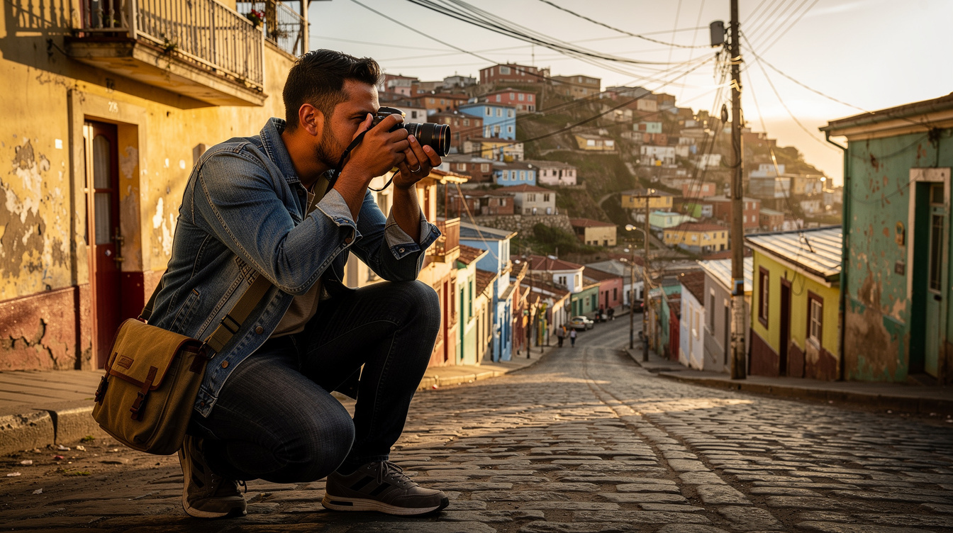 Photographer taking pictures of colorful houses in Valparaíso