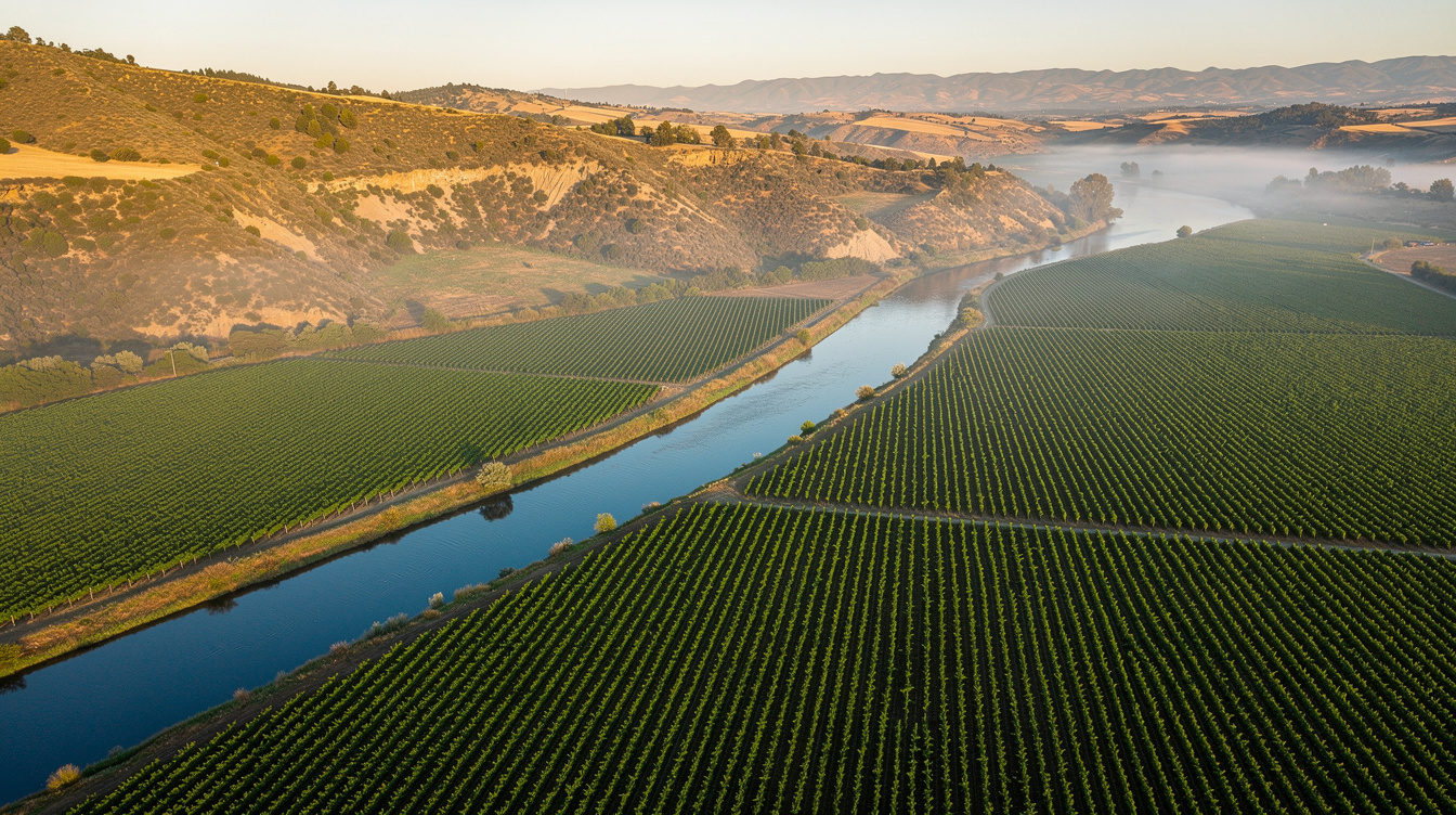 Aerial view of a Chilean valley with vineyards